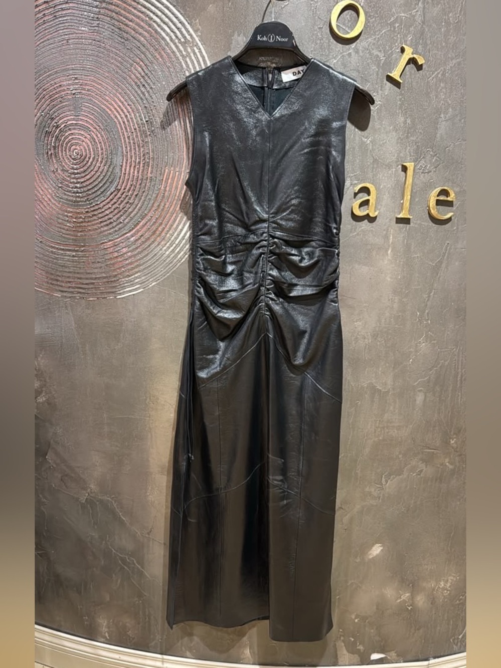 Sleek Black genuine Leather Ruched bodycon Midi Dress side slit size US 4